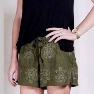 Anthropologie Embroidered Linen Drawstring Shorts